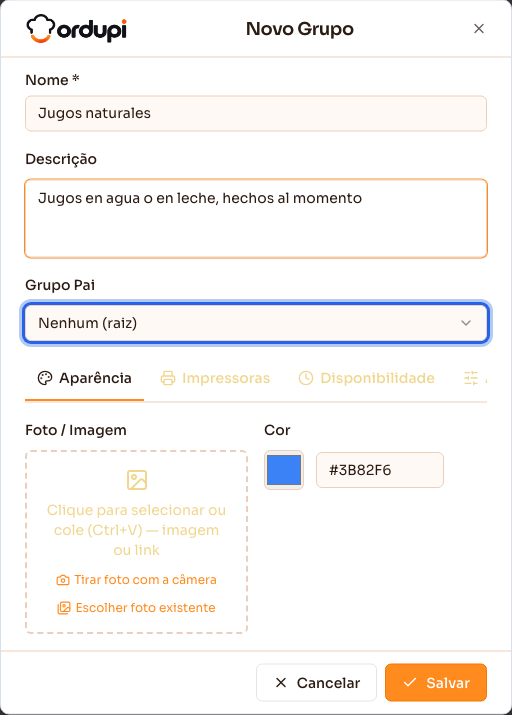 Diálogo Novo Grupo, com o nome preenchido, o campo Grupo Pai e as abas abaixo