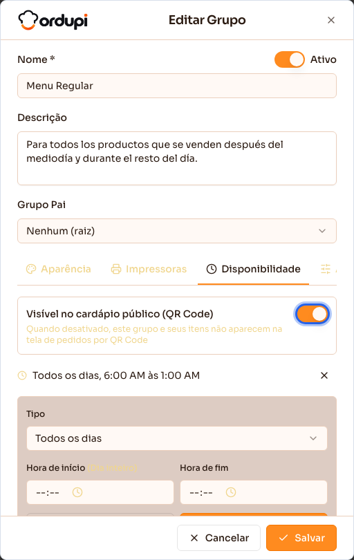 Aba Disponibilidade do grupo, com o quadro de novo horário aberto