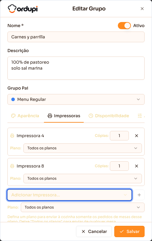 Aba Impressoras do grupo, com as impressoras da cozinha, as cópias e o plano de cada uma