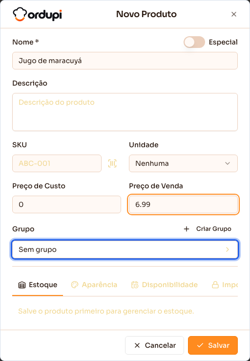 Cadastro de produto, com o campo Grupo e o atalho Criar Grupo