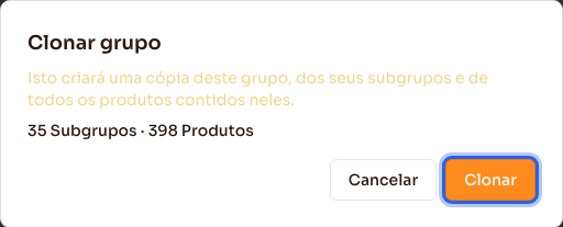 Confirmação de clonar grupo, mostrando quantos subgrupos e produtos serão copiados