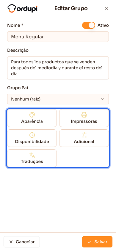 Edição de grupo no celular, com as abas como botões
