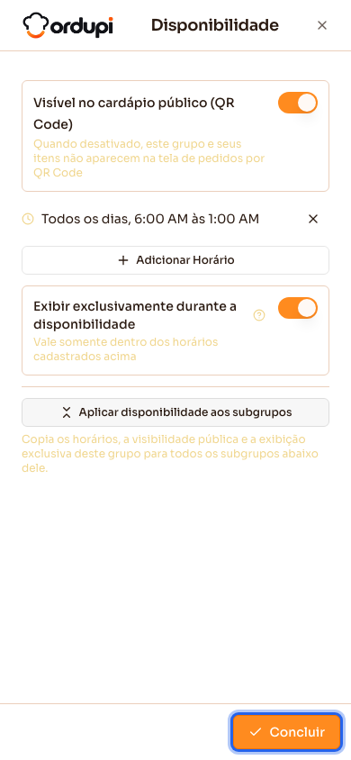 Aba Disponibilidade aberta em tela cheia no celular, com o botão Concluir
