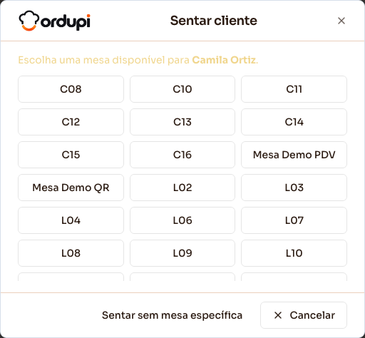 Diálogo Sentar cliente, com as mesas disponíveis