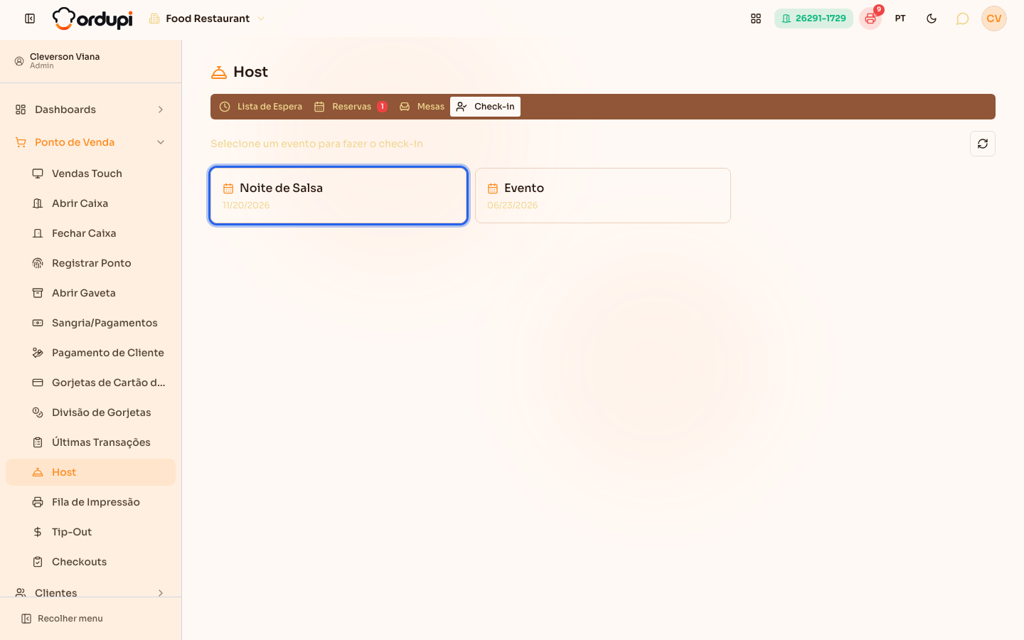 Aba Check-in com a lista de eventos
