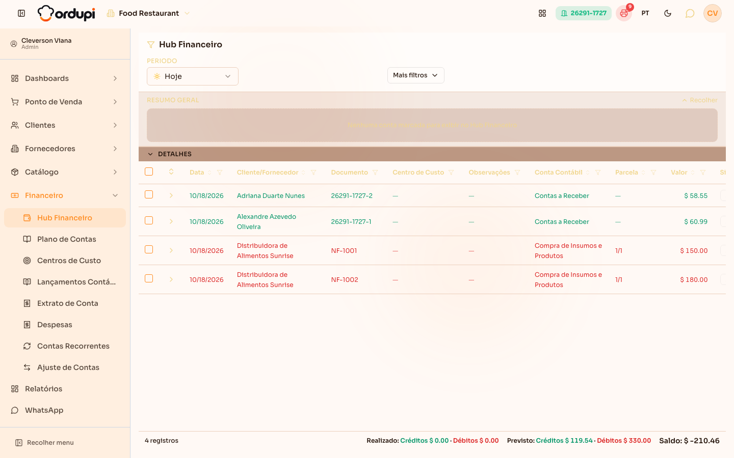 Visão geral do Hub Financeiro, com o resumo de contas e a lista de títulos do dia