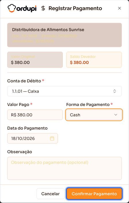 Diálogo de pagamento com a conta de débito e a forma de pagamento escolhidas