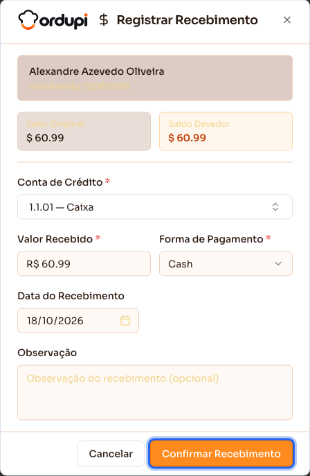 Diálogo de recebimento com a conta de crédito e a forma de pagamento escolhidas