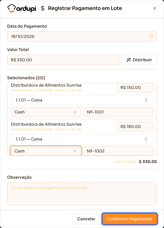Diálogo de pagamento em lote, com as duas despesas selecionadas e prontas
