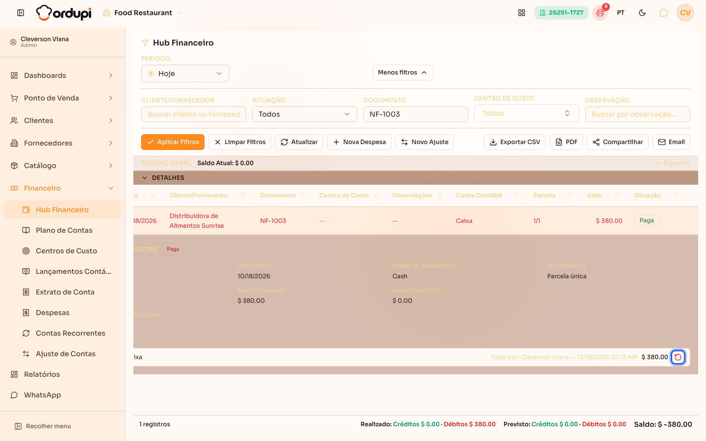 Linha expandida da despesa paga, com o histórico de pagamento e o ícone de estornar