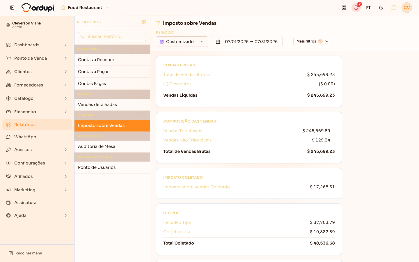 Relatório de Imposto sobre Vendas no modo Resumido, com as vendas brutas, a composição e o imposto coletado de julho