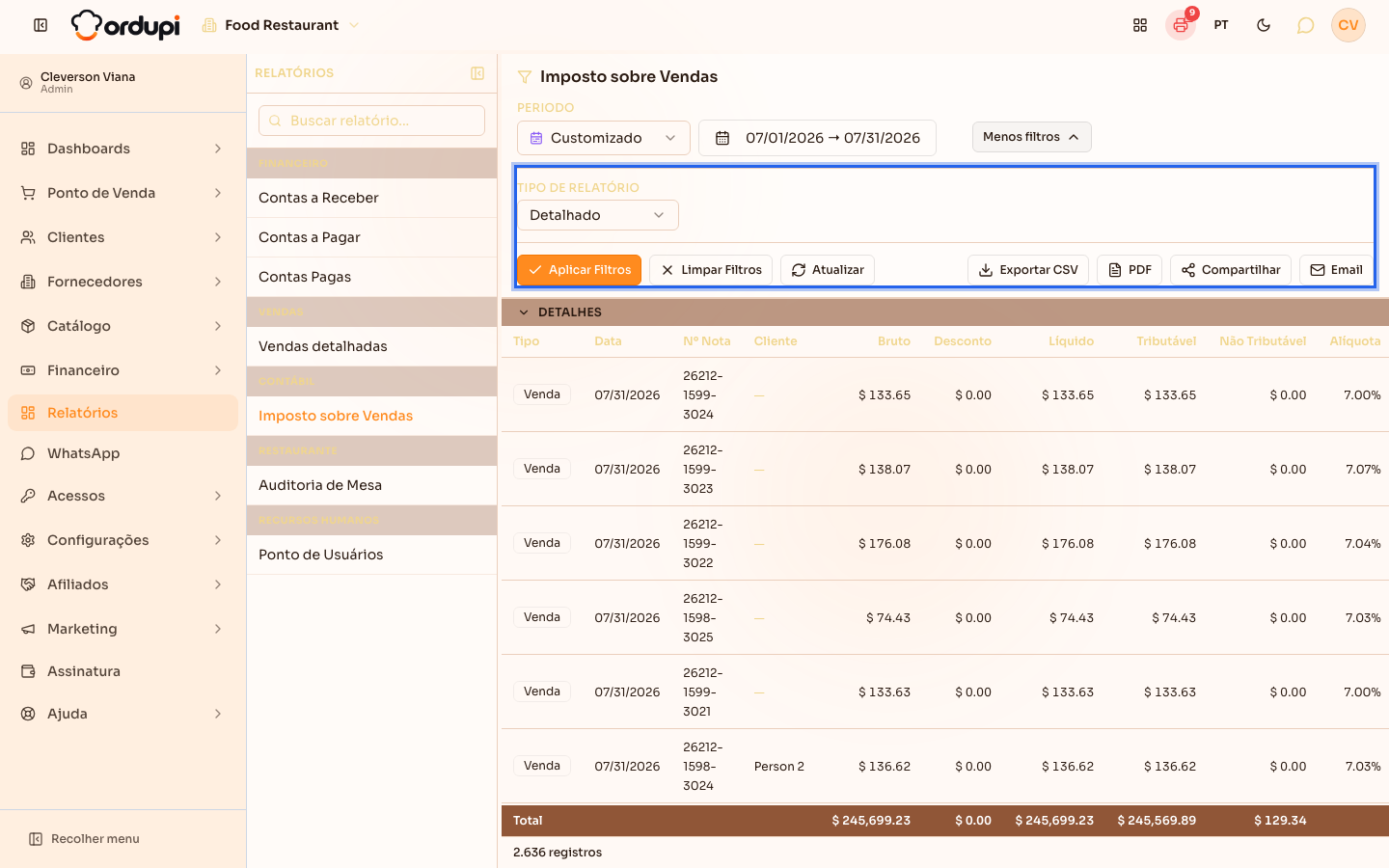 Painel Mais filtros aberto com as opções de exportar e enviar o relatório