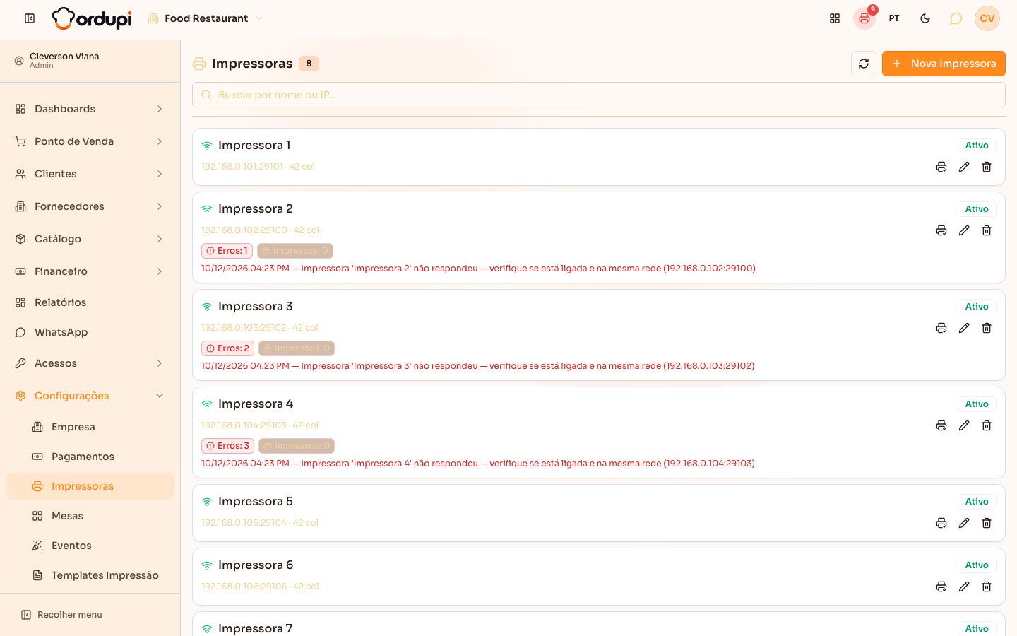 Lista de impressoras com endereço, largura do papel e os contadores da fila
