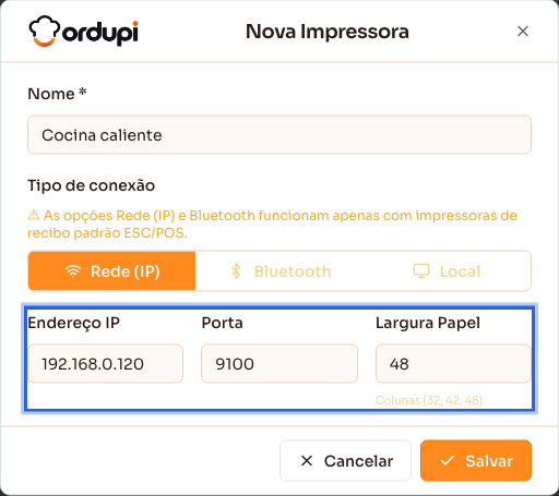 Cadastro de uma impressora de rede, com endereço IP, porta e largura do papel
