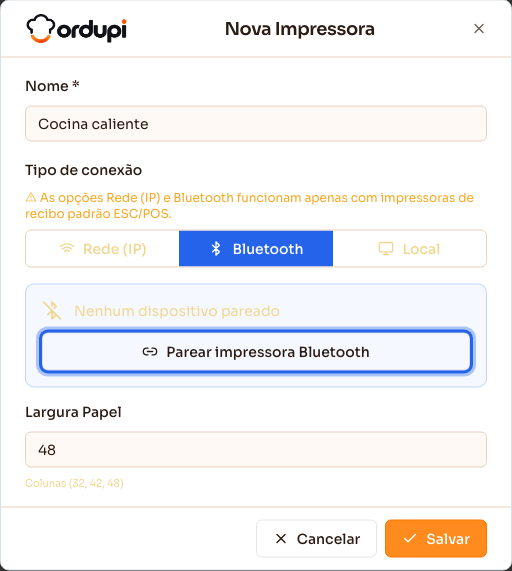 Cadastro de uma impressora Bluetooth, com o botão de parear