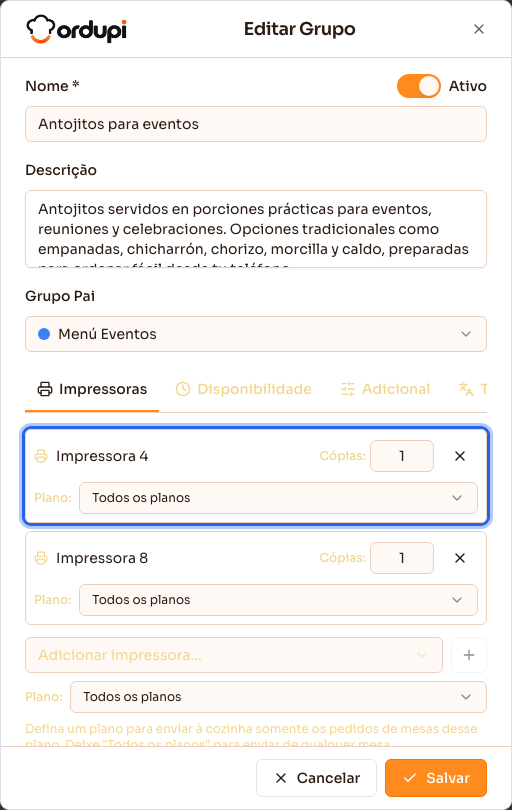 Aba Impressoras de um grupo de produtos, com a impressora que recebe os pedidos do grupo