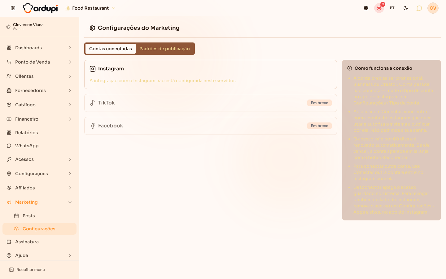 Configurações do Marketing na aba Contas conectadas, com os cartões do Instagram, TikTok e Facebook e o quadro Como funciona a conexão