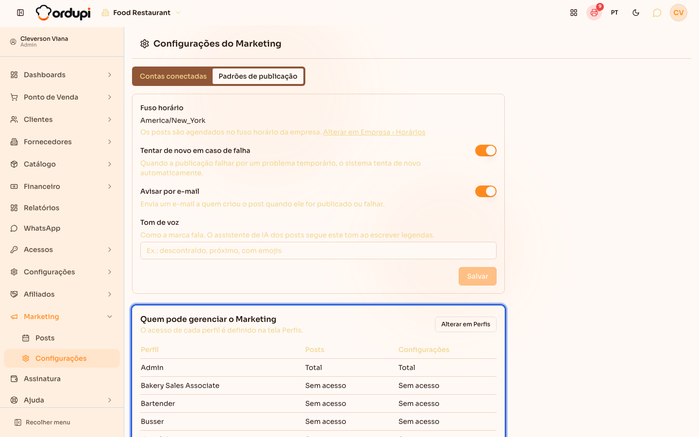 Lista Quem pode gerenciar o Marketing, com o nível de cada perfil em Posts e em Configurações