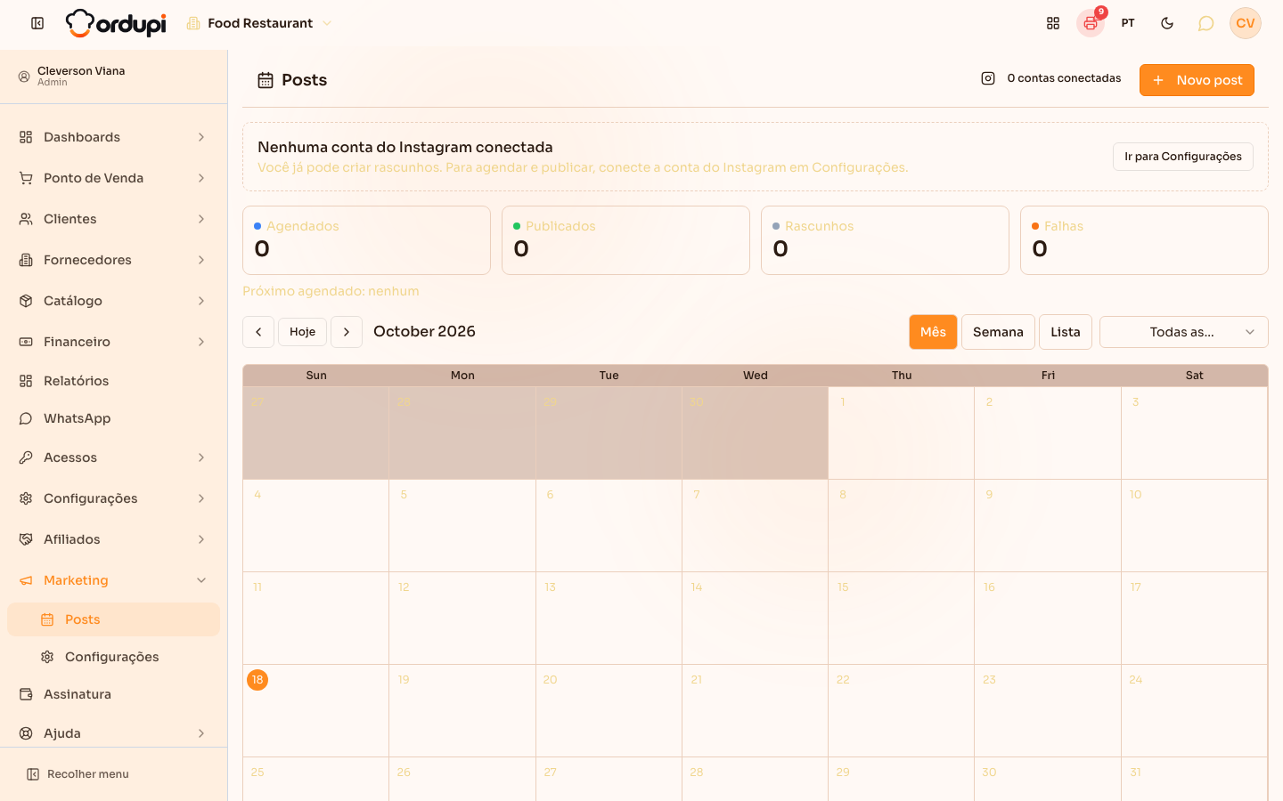 Calendário de posts na visão Mês, com os indicadores de agendados, publicados, rascunhos e falhas
