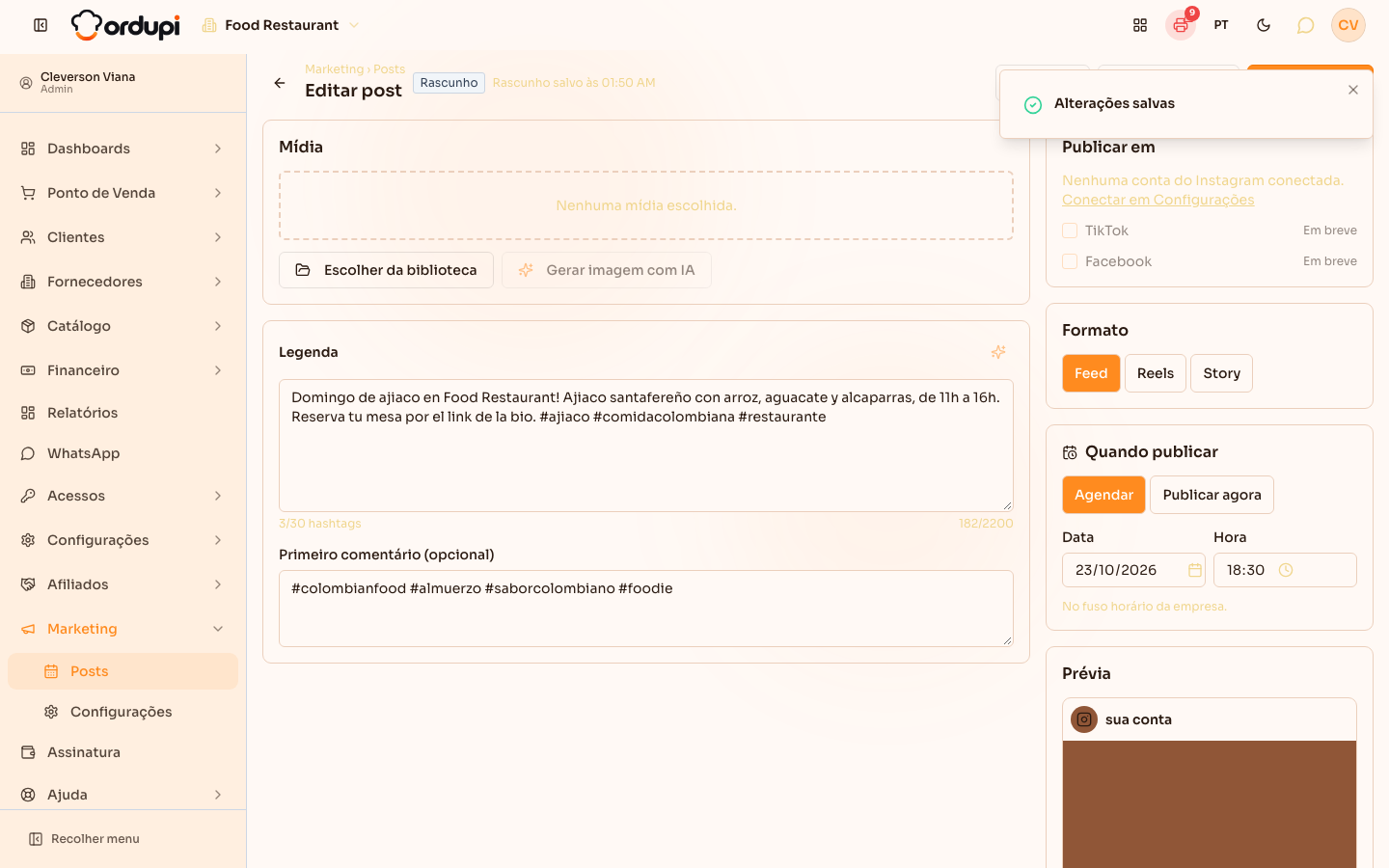Post salvo como rascunho, com Rascunho salvo às no topo e o aviso Alterações salvas