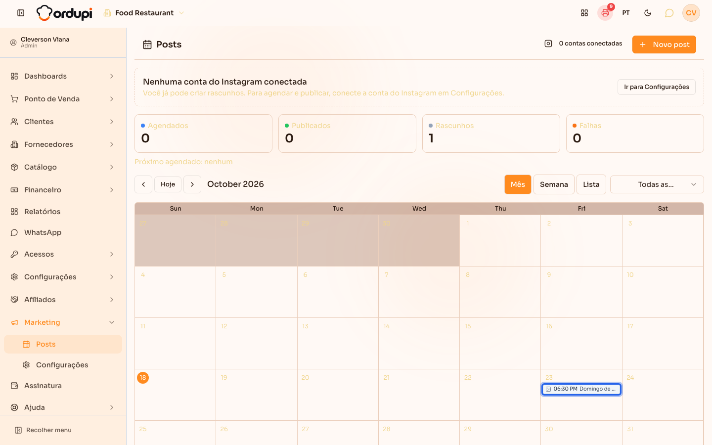 Calendário com o rascunho no dia escolhido, pronto para ser aberto ou arrastado para outro dia