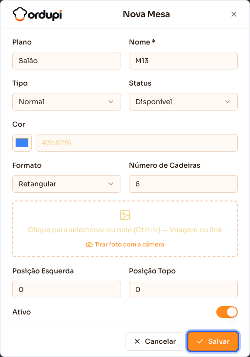 Cadastro de uma mesa nova com plano, nome, cadeiras e formato preenchidos