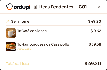 Itens pendentes de uma mesa aberta, com o total da mesa no rodapé