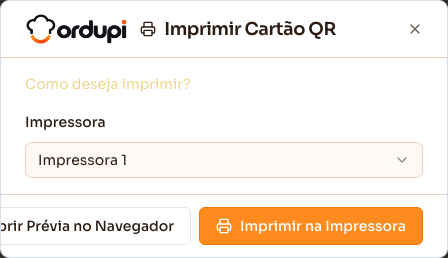 Escolha de como imprimir o cartão QR de uma mesa