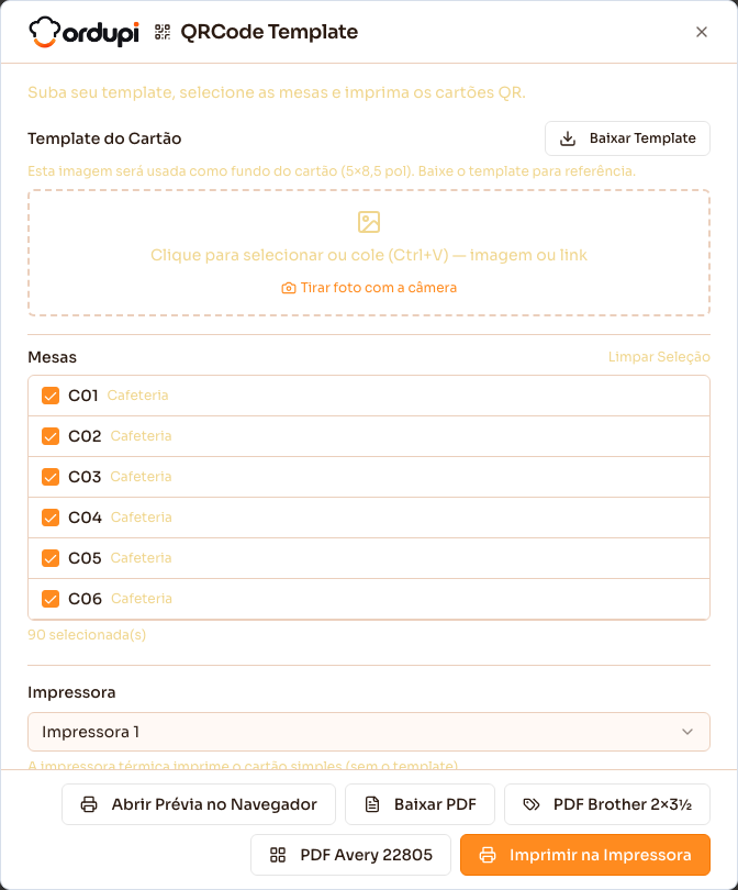 QRCode Template com a arte do cartão, as mesas selecionadas e os formatos de impressão