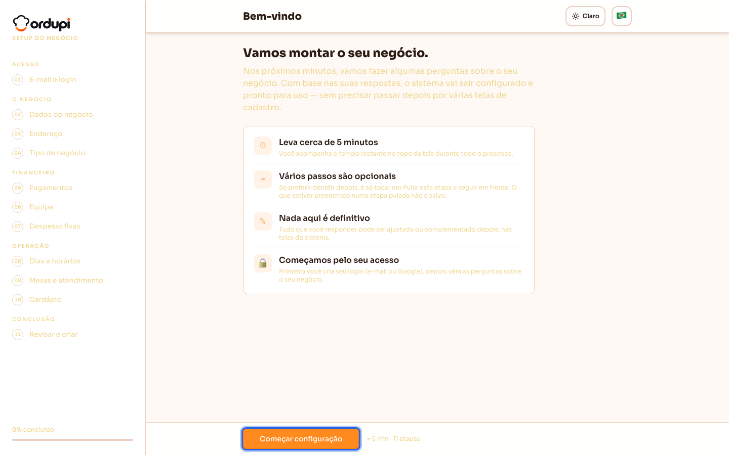 Tela de boas-vindas do cadastro, com o botão Começar configuração em destaque