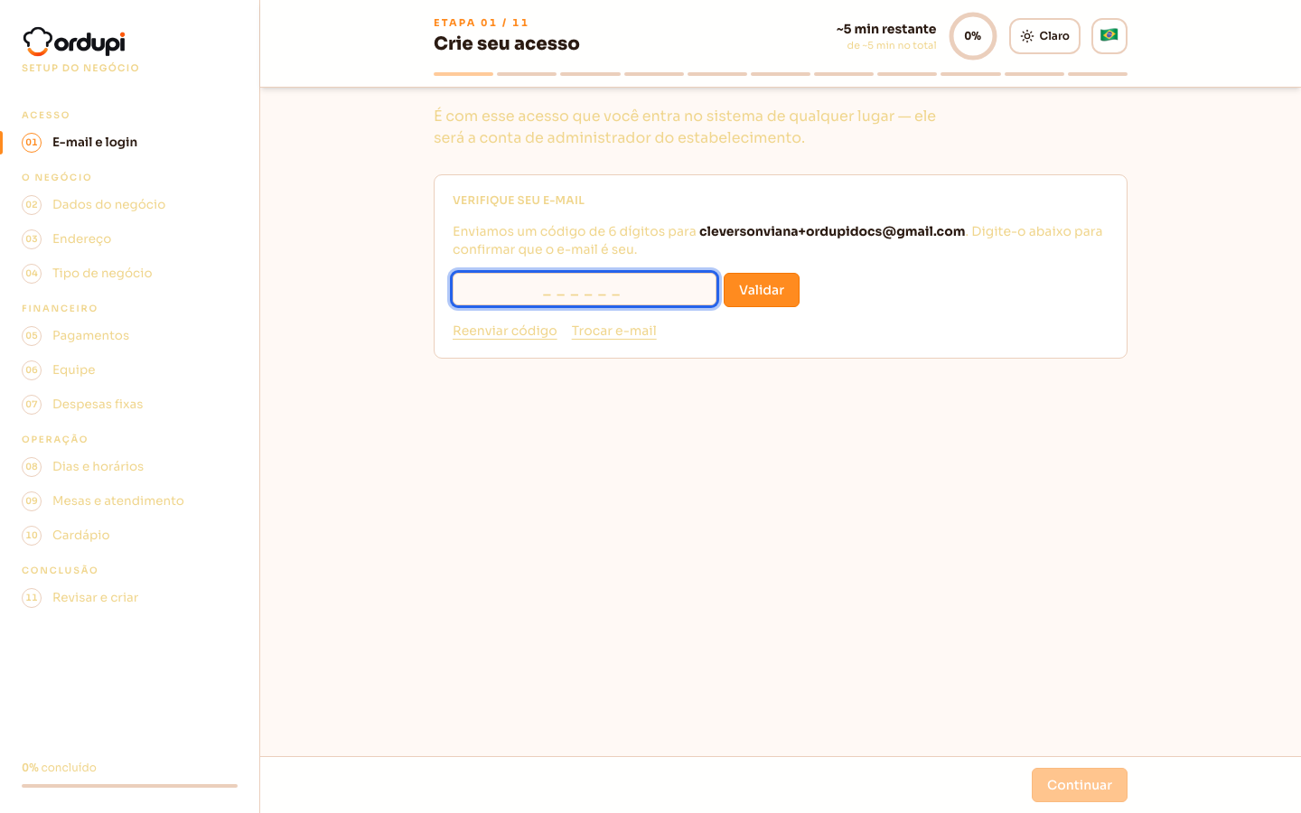 Tela pedindo o código de 6 dígitos enviado por e-mail