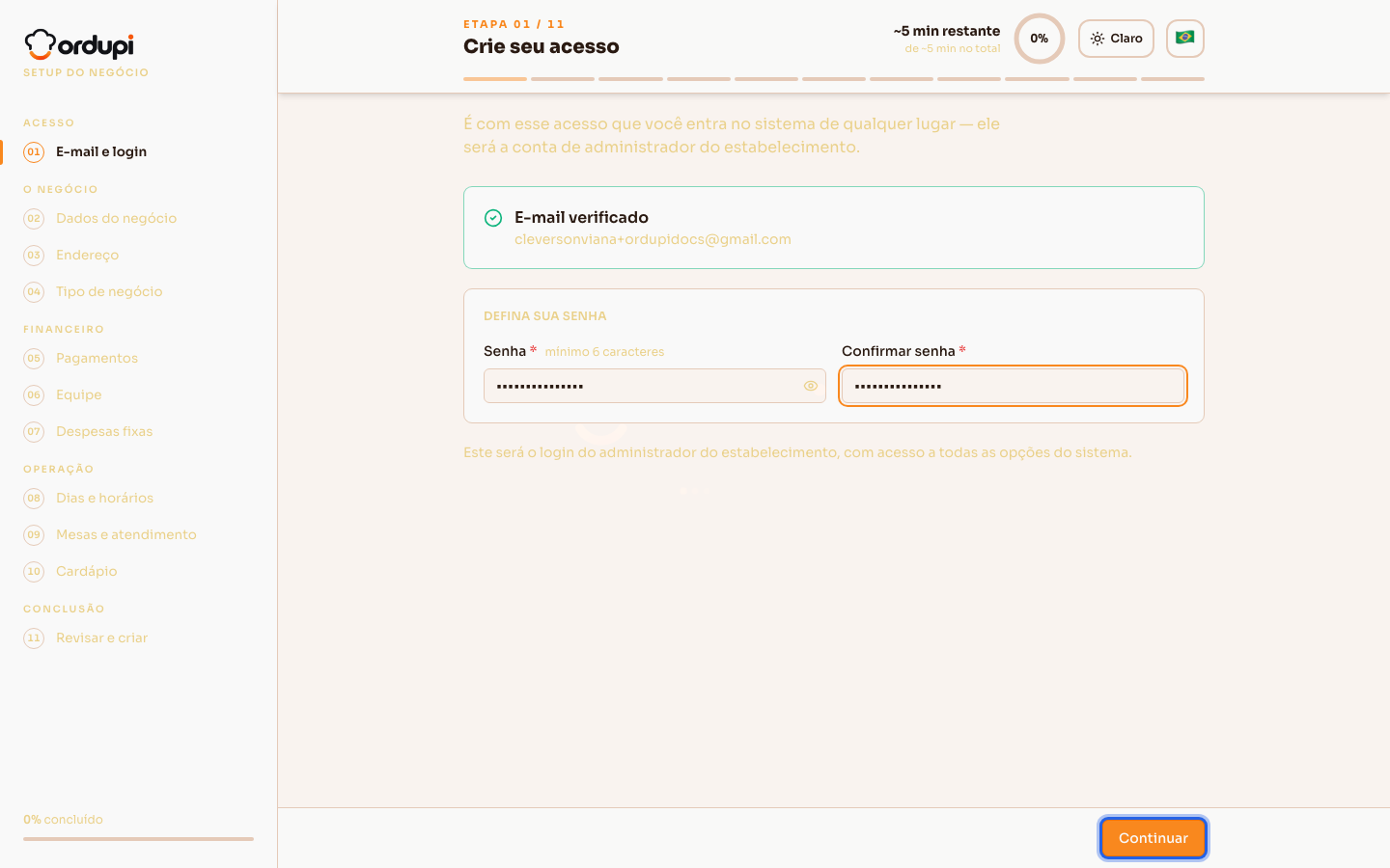 Tela de definir a senha, com o e-mail já verificado