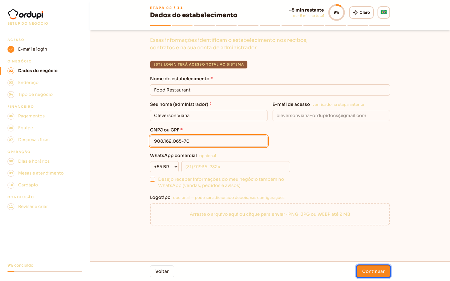 Formulário de dados do estabelecimento preenchido