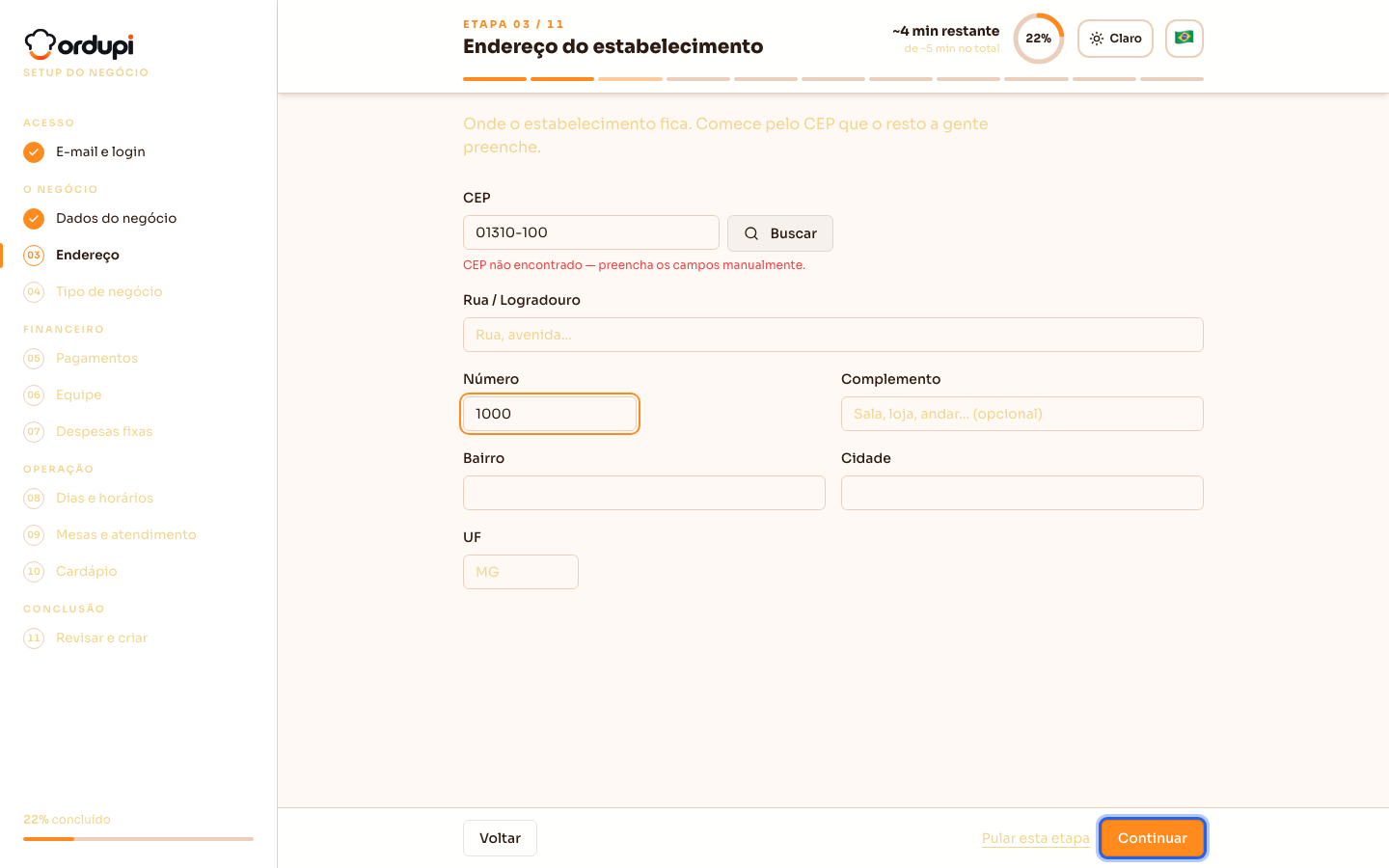 Tela de endereço do estabelecimento, com o aviso de CEP não encontrado e os campos liberados para preenchimento manual