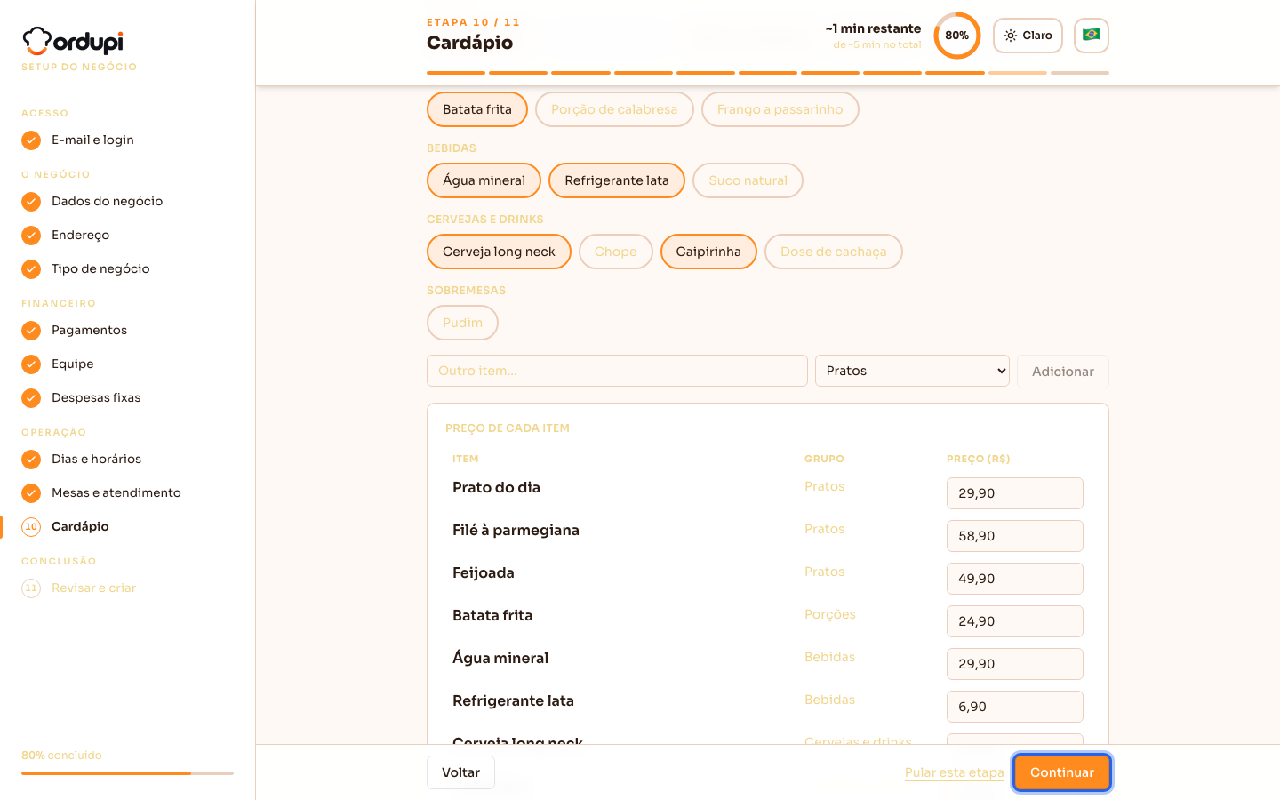 Itens do cardápio marcados, com o preço de cada um preenchido