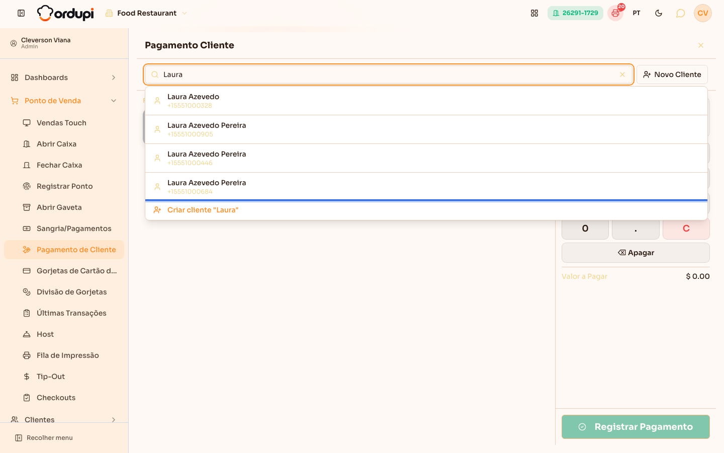 Pagamento Cliente: busca do cliente por nome, documento ou telefone