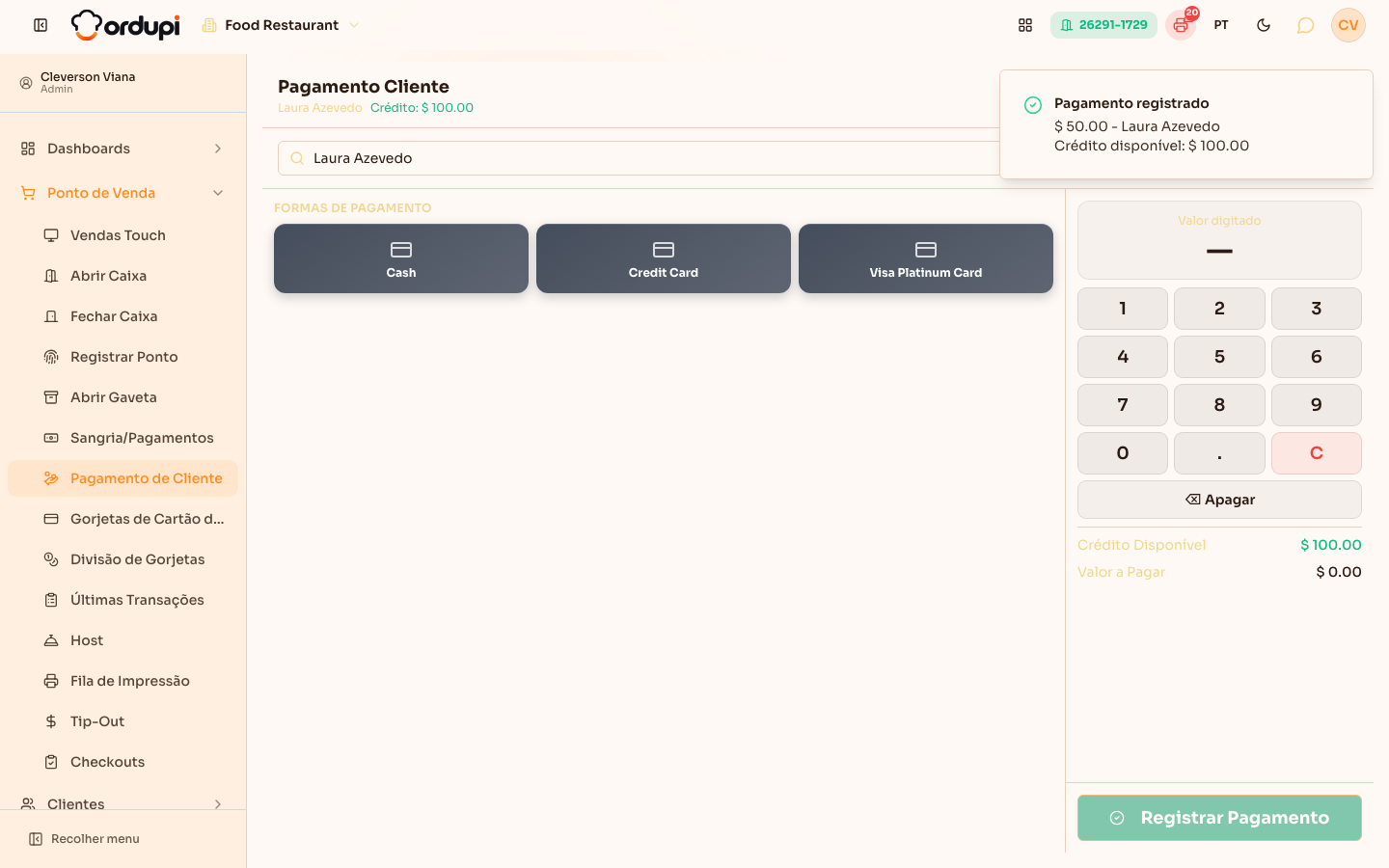 Pagamento registrado, com o saldo do cliente atualizado
