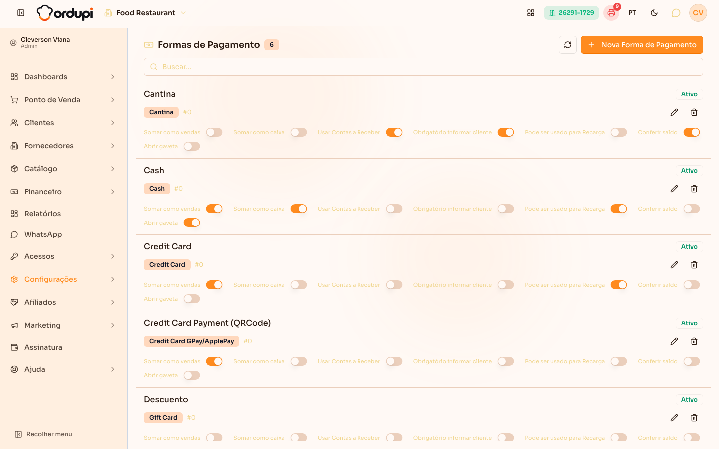 Lista de formas de pagamento, com o resumo de configurações de cada uma