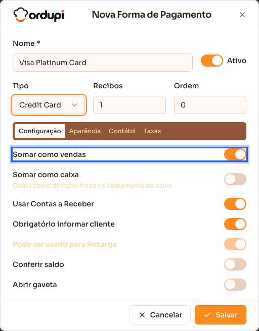 Nova forma de pagamento, com nome, tipo e configurações preenchidos
