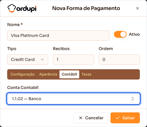 Aba Contábil com a conta contábil escolhida