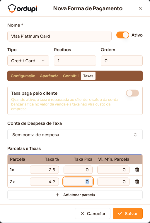 Aba Taxas com parcelas e percentuais configurados