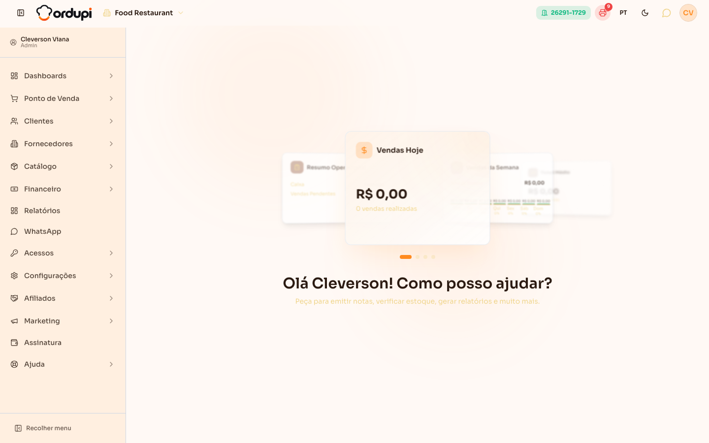 Página Inicial com o carrossel de cartões e a saudação abaixo dele