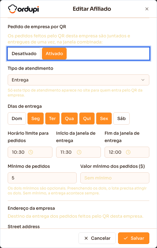 Cadastro do afiliado: seção Pedido de empresa por QR ativada, com dias, horários e mínimos