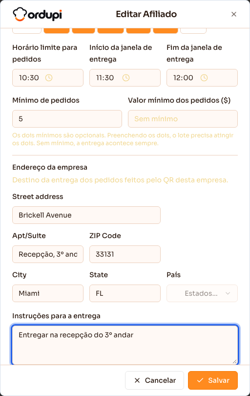 Endereço da empresa e instruções para a entrega