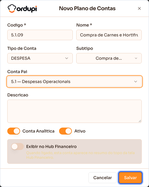 Formulário de nova conta contábil preenchido, pronto para salvar