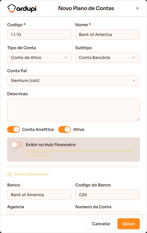 Formulário com o subtipo Conta Bancária escolhido, mostrando os campos de banco e PIX