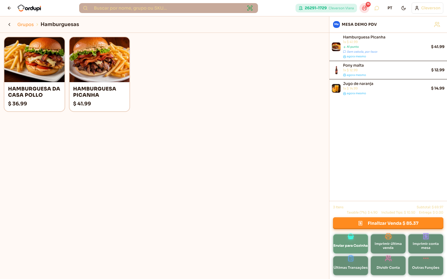 Itens enviados à cozinha, com o horário do envio em cada um