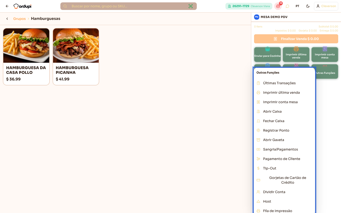Menu Outras Funções do PDV