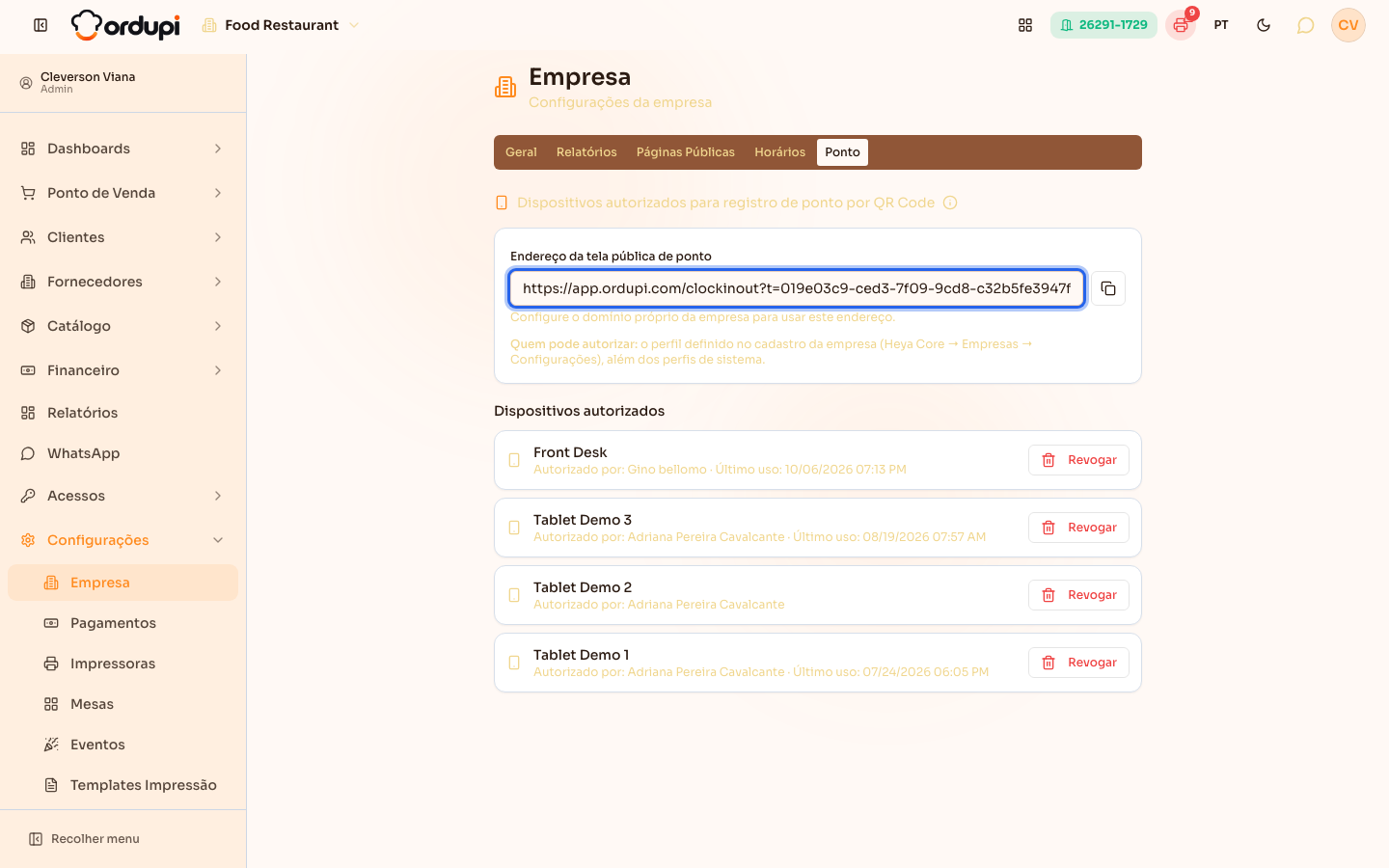 Empresa → aba Ponto: endereço da tela pública e dispositivos autorizados