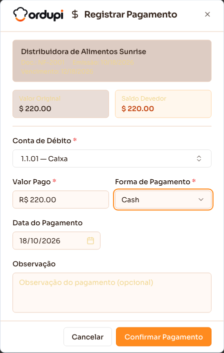 Janela de registrar pagamento, com os campos preenchidos